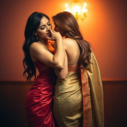 A bold and seductive scene featuring a sexy woman clad in a stunning saree, accentuating her curves and charisma