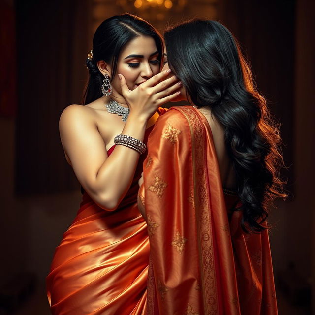 A bold and seductive scene featuring a sexy woman clad in a stunning saree, accentuating her curves and charisma