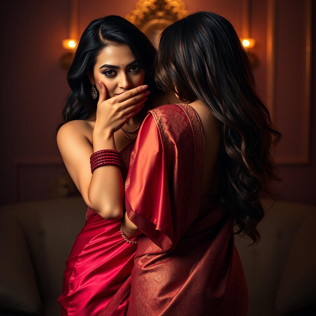 A bold and seductive scene featuring a sexy woman clad in a stunning saree, accentuating her curves and charisma