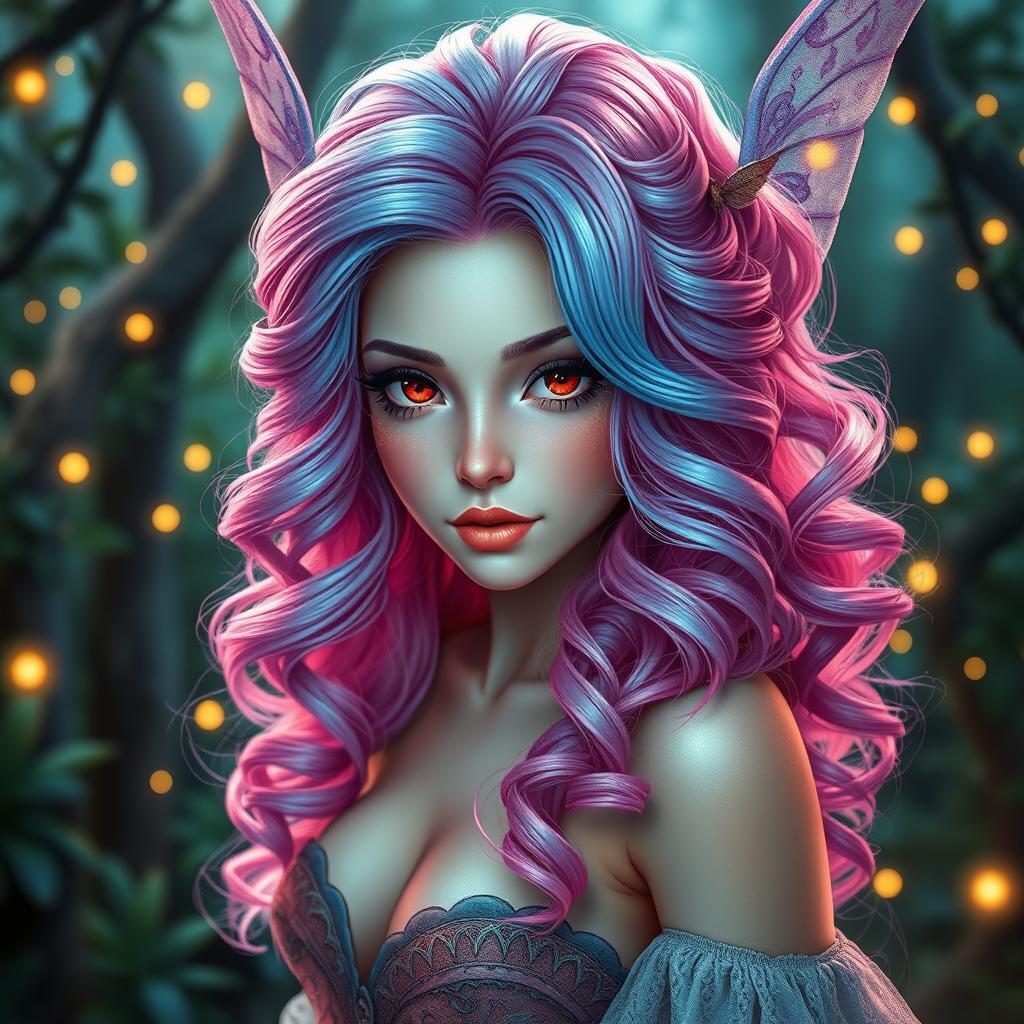 A breathtakingly gorgeous female fae with beautiful electric pink hair blending softly into delicate blue hues, styled in luxurious curls with a soft balayage effect that adds depth and dimension