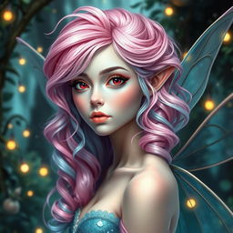 A breathtakingly gorgeous female fae with beautiful electric pink hair blending softly into delicate blue hues, styled in luxurious curls with a soft balayage effect that adds depth and dimension