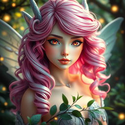 A breathtakingly gorgeous female fae with beautiful electric pink hair blending softly into delicate blue hues, styled in luxurious curls with a soft balayage effect that adds depth and dimension