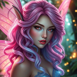A breathtakingly gorgeous female fae with beautiful electric pink hair blending softly into delicate blue hues, styled in luxurious curls with a soft balayage effect that adds depth and dimension