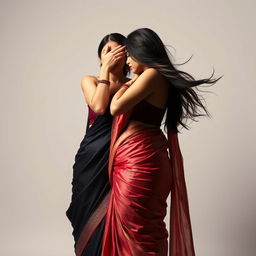 A sensual scene showcasing a sexy woman elegantly dressed in a form-fitting saree that accentuates her figure