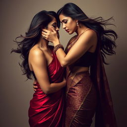 A sensual scene showcasing a sexy woman elegantly dressed in a form-fitting saree that accentuates her figure