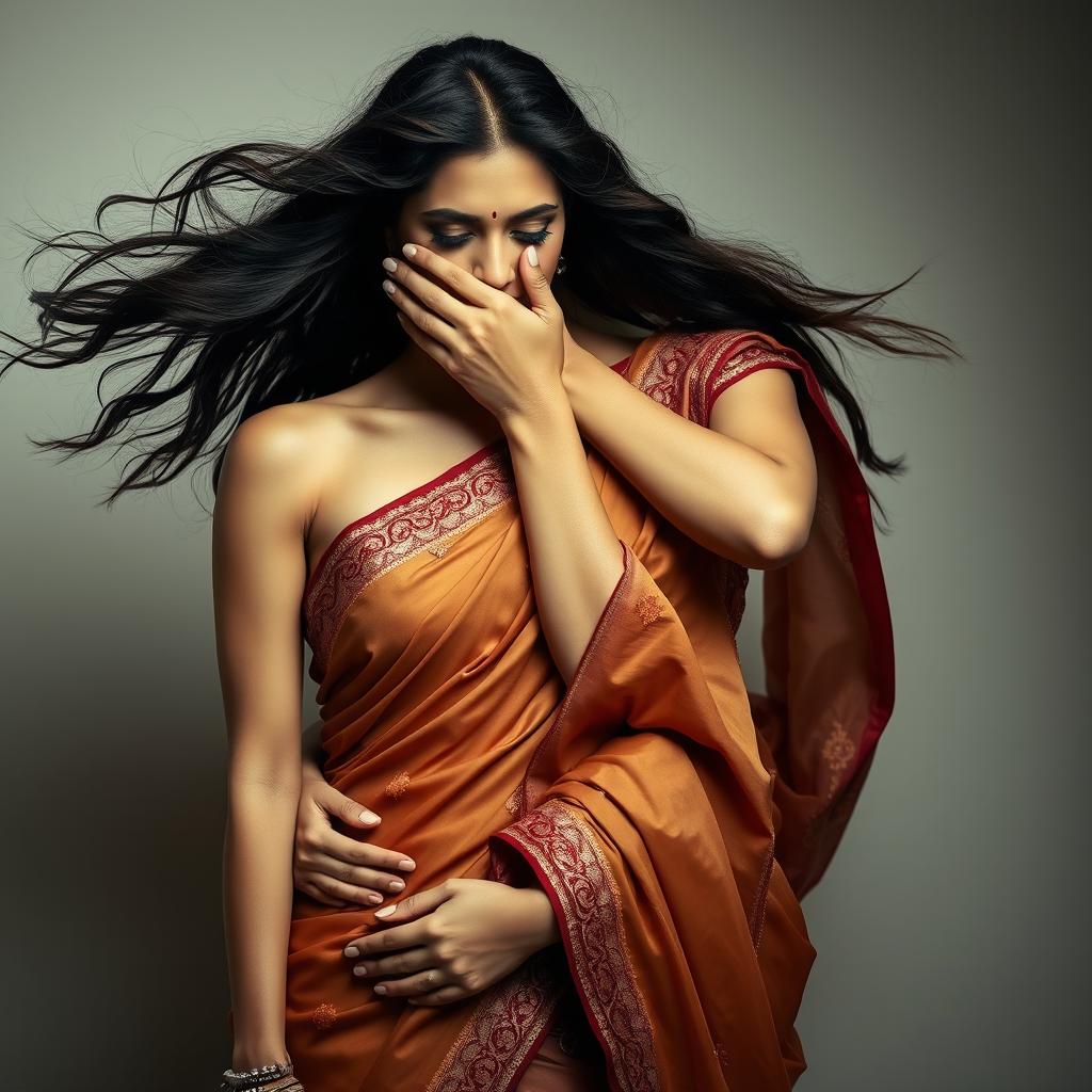 A sensual scene showcasing a sexy woman elegantly dressed in a form-fitting saree that accentuates her figure