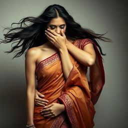 A sensual scene showcasing a sexy woman elegantly dressed in a form-fitting saree that accentuates her figure