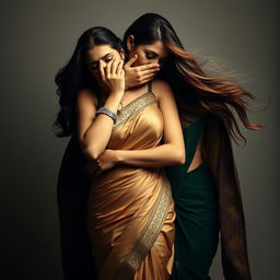A sensual scene showcasing a sexy woman elegantly dressed in a form-fitting saree that accentuates her figure