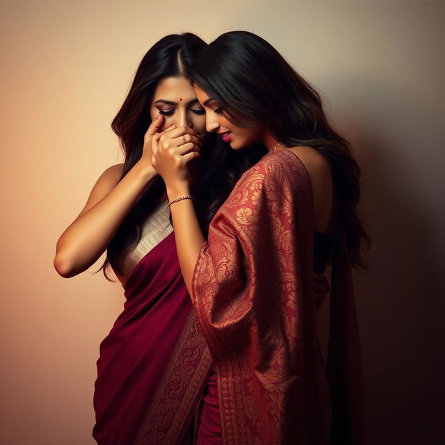 A captivating scene featuring a beautiful woman in a sexy saree that hugs her figure perfectly, exuding allure and confidence