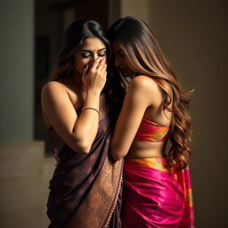 An alluring scene featuring a beautiful woman in a sexy saree, which enhances her curves and showcases intricate patterns