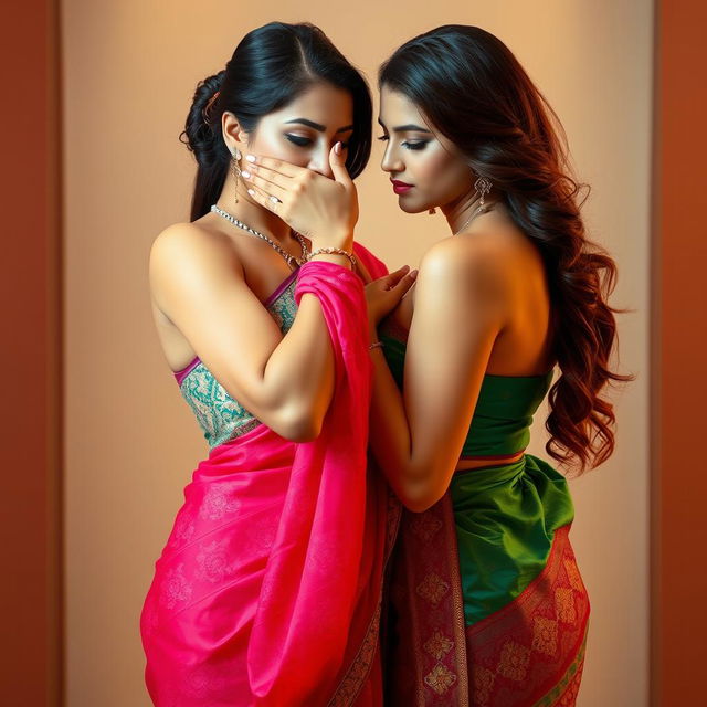 An alluring scene featuring a beautiful woman in a sexy saree, which enhances her curves and showcases intricate patterns