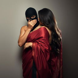 An intriguing and sensual scene featuring a woman dressed in a sexy saree that accentuates her curves while wearing a stylish balaclava mask