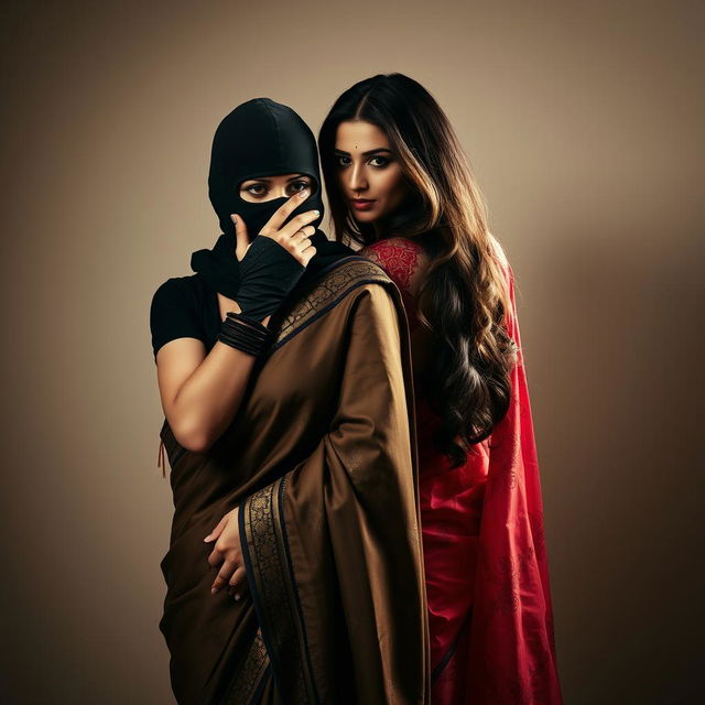 An intriguing and sensual scene featuring a woman dressed in a sexy saree that accentuates her curves while wearing a stylish balaclava mask
