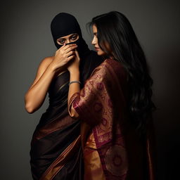 An intriguing and sensual scene featuring a woman dressed in a sexy saree that accentuates her curves while wearing a stylish balaclava mask