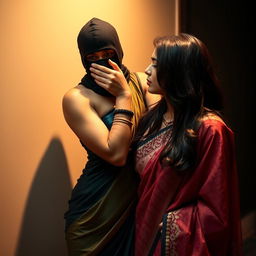 An intriguing and sensual scene featuring a woman dressed in a sexy saree that accentuates her curves while wearing a stylish balaclava mask