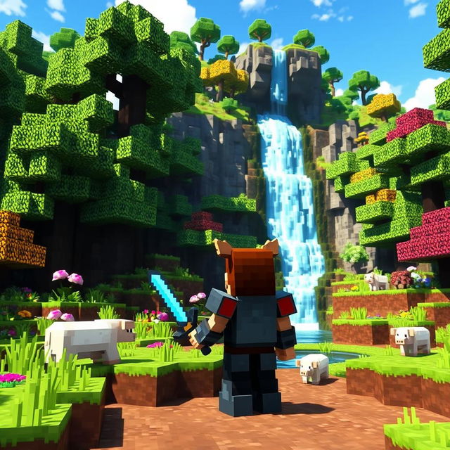 A vibrant and detailed scene from the Minecraft world, showcasing a lush forest with various types of trees, colorful flowers, and a clear blue sky