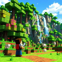 A vibrant and detailed scene from the Minecraft world, showcasing a lush forest with various types of trees, colorful flowers, and a clear blue sky