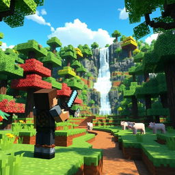 A vibrant and detailed scene from the Minecraft world, showcasing a lush forest with various types of trees, colorful flowers, and a clear blue sky