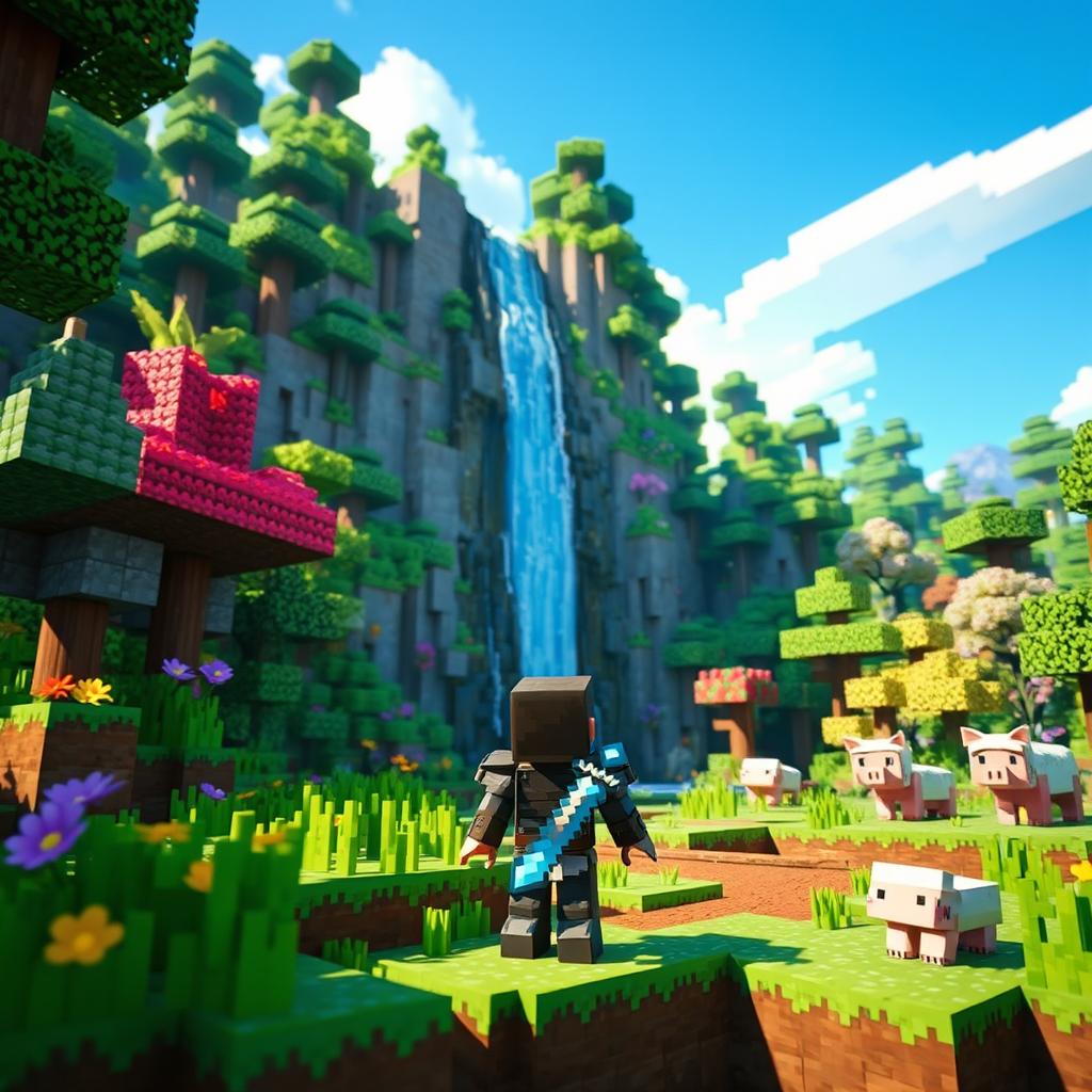 A vibrant and detailed scene from the Minecraft world, showcasing a lush forest with various types of trees, colorful flowers, and a clear blue sky