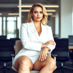 A stunning 20-year-old curvaceous woman with blond hair and light blue eyes, sitting gracefully on a chair in a modern office environment
