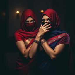 A captivating scene featuring two mysterious women wearing elegant sarees, one in a vibrant red and the other in a deep blue, both sporting balaclavas that conceal their faces
