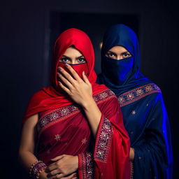 A captivating scene featuring two mysterious women wearing elegant sarees, one in a vibrant red and the other in a deep blue, both sporting balaclavas that conceal their faces