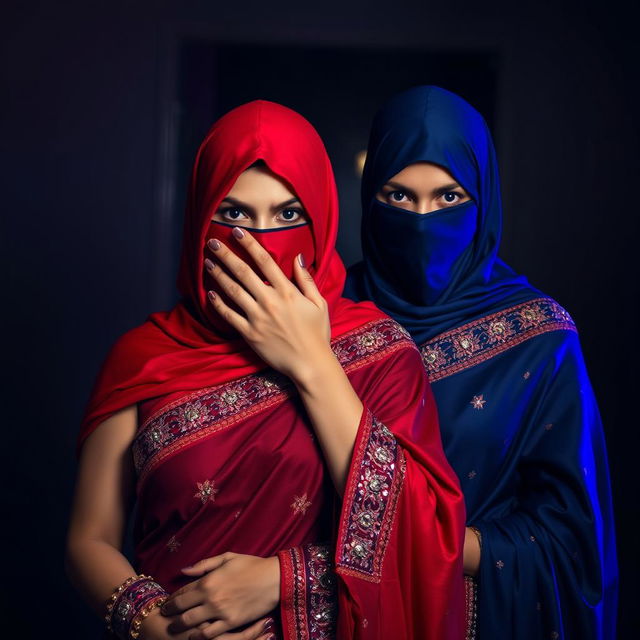 A captivating scene featuring two mysterious women wearing elegant sarees, one in a vibrant red and the other in a deep blue, both sporting balaclavas that conceal their faces