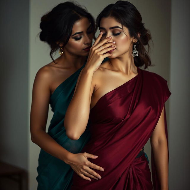 A sensual scene featuring two women elegantly attired in sexy sarees