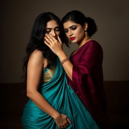 A sensual scene featuring two women elegantly attired in sexy sarees