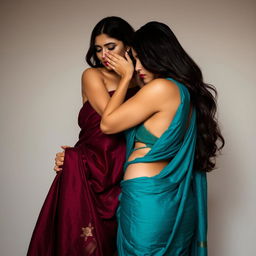 A sensual scene featuring two women elegantly attired in sexy sarees