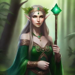 A high-quality digital art piece showcasing a female druid elf