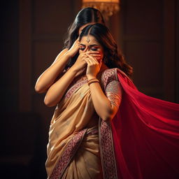 An alluring scene featuring a woman in a sexy, intricately designed saree with shimmering fabric