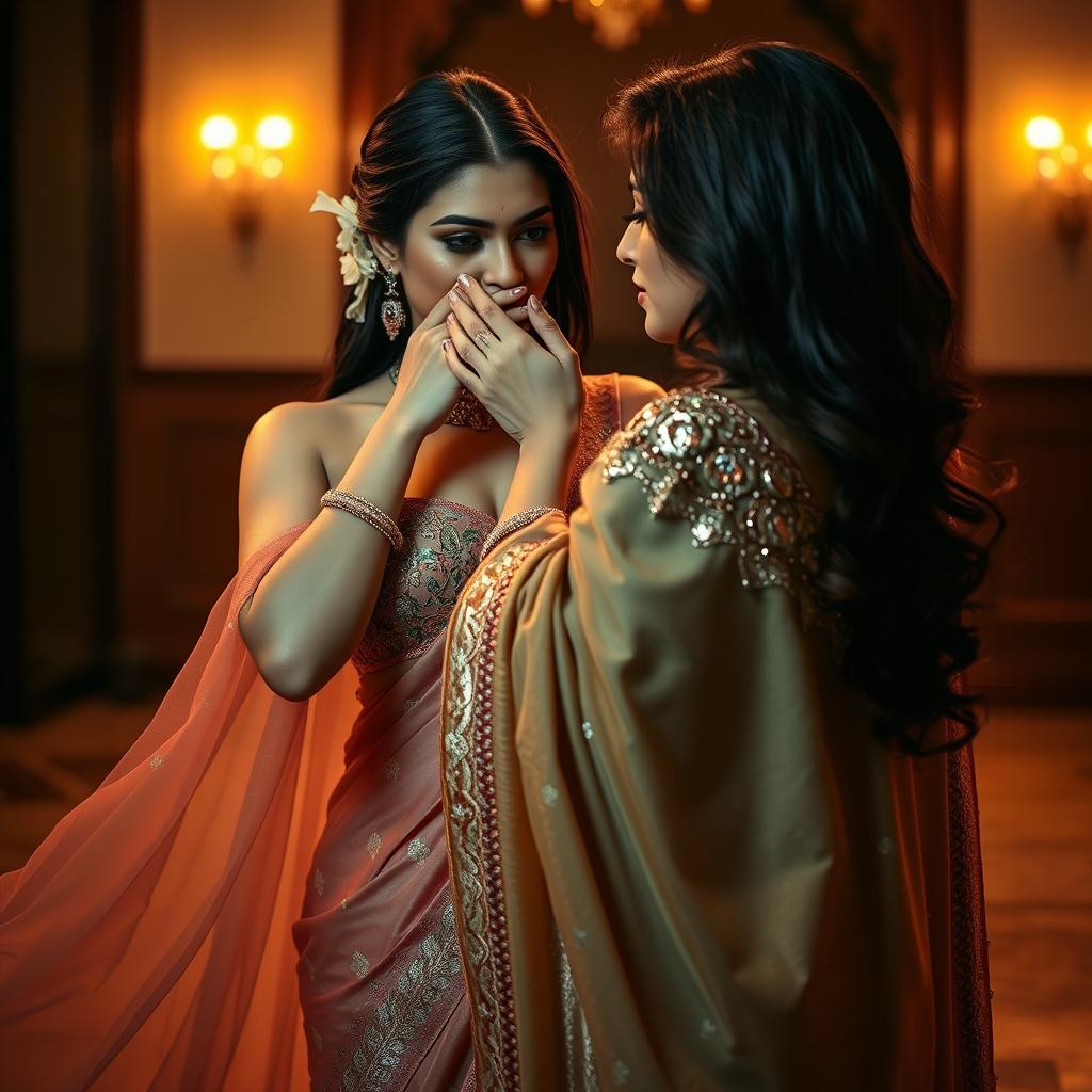 An alluring scene featuring a woman in a sexy, intricately designed saree with shimmering fabric