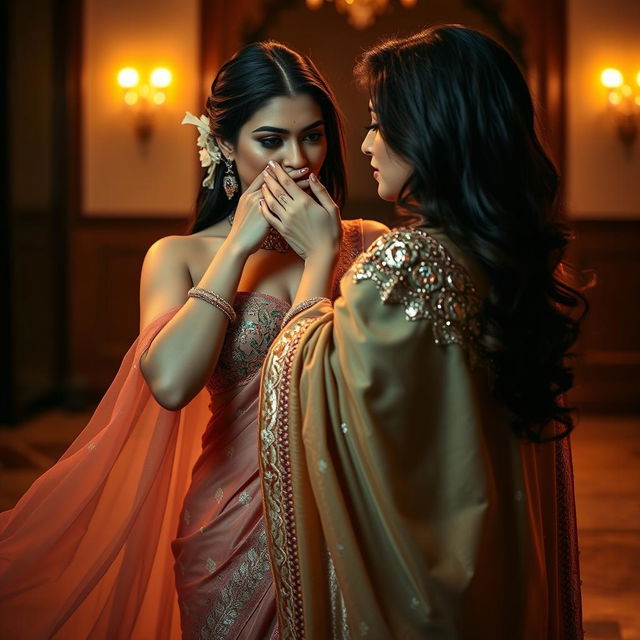 An alluring scene featuring a woman in a sexy, intricately designed saree with shimmering fabric