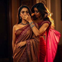 An alluring scene featuring a woman in a sexy, intricately designed saree with shimmering fabric