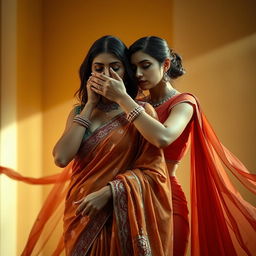 An alluring scene featuring a woman in a sexy, intricately designed saree with shimmering fabric