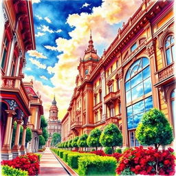 A beautifully detailed architectural perspective drawing showcasing the interplay of warm and cool colors to create a sense of depth and proximity
