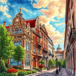 A beautifully detailed architectural perspective drawing showcasing the interplay of warm and cool colors to create a sense of depth and proximity