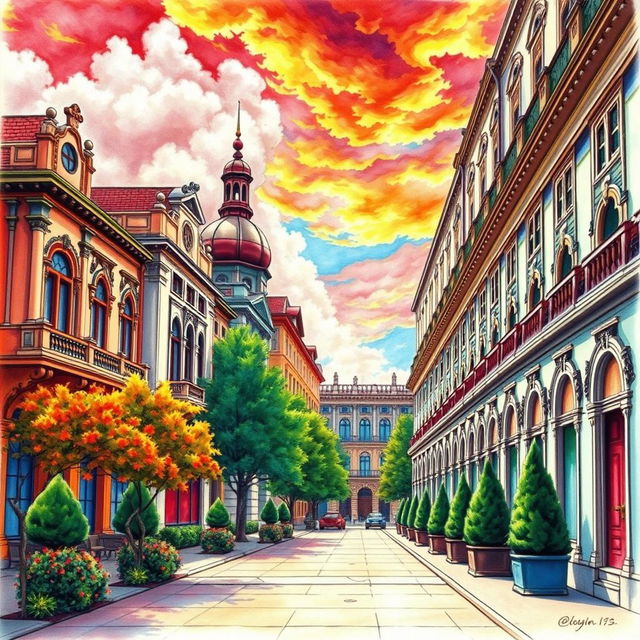 A beautifully detailed architectural perspective drawing showcasing the interplay of warm and cool colors to create a sense of depth and proximity