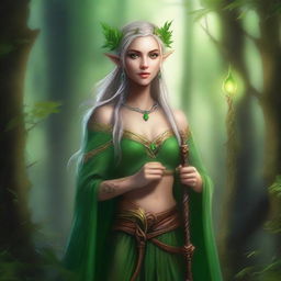 A high-quality digital art piece showcasing a female druid elf