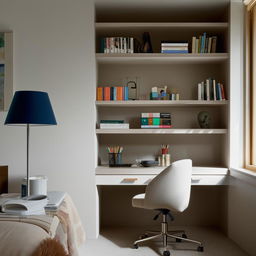 A cozy, well-lit bedroom featuring a comfortable study area with a neat desk, a chair, a laptop, bookshelves filled with various books, and a table lamp.