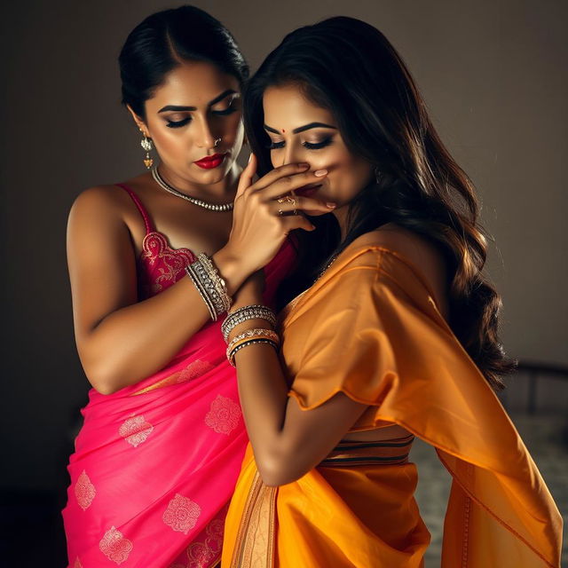 An alluring scene featuring a woman in a sexy, intricately designed saree with a vibrant color palette