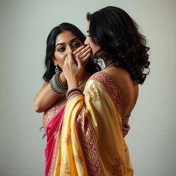 An alluring scene featuring a woman in a sexy, intricately designed saree with a vibrant color palette