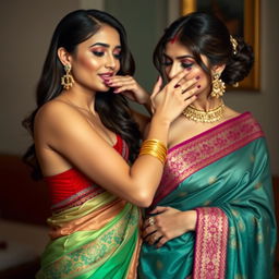 An alluring scene featuring a woman in a sexy, intricately designed saree with a vibrant color palette