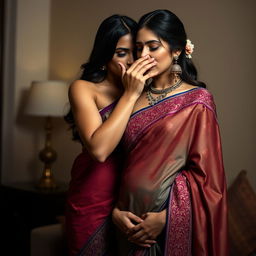 An alluring scene featuring a woman in a sexy, intricately designed saree with a vibrant color palette