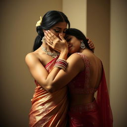 An intimate scene featuring a woman in a sexy, intricately designed saree, gracefully positioned behind another woman