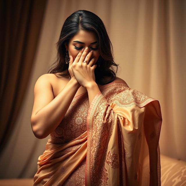 An intimate scene featuring a woman in a sexy, intricately designed saree, gracefully positioned behind another woman