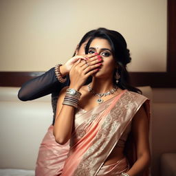 An intimate scene featuring a woman in a sexy, intricately designed saree, gracefully positioned behind another woman