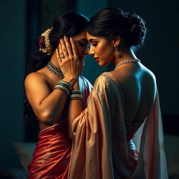 An intimate scene featuring a woman in a sexy, intricately designed saree, gracefully positioned behind another woman