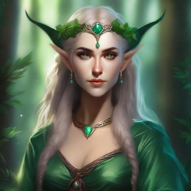 A high-quality digital art piece showcasing a female druid elf